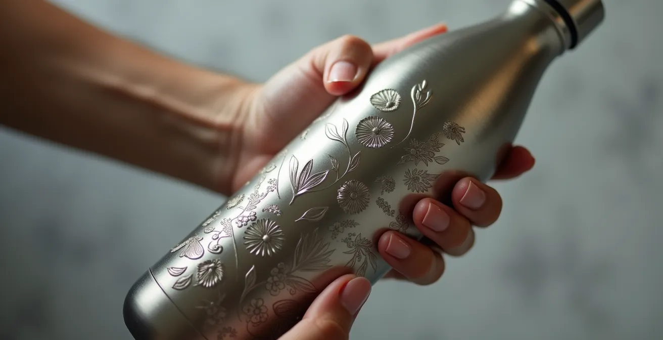 Main tenant une gourde avec motifs floraux abstraits
