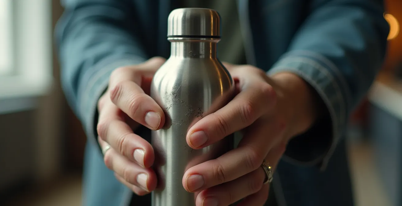 Gros plan sur des mains tenant une gourde métallique avec arrière-plan flou d'un environnement de bureau